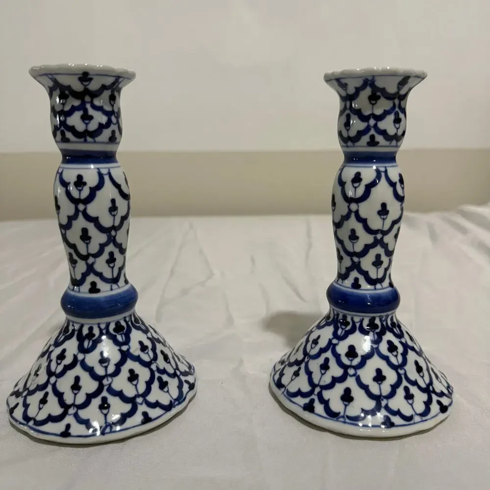 Hand Painted Thailand Blue White Ceramic Candlesticks Pair Candle Holders